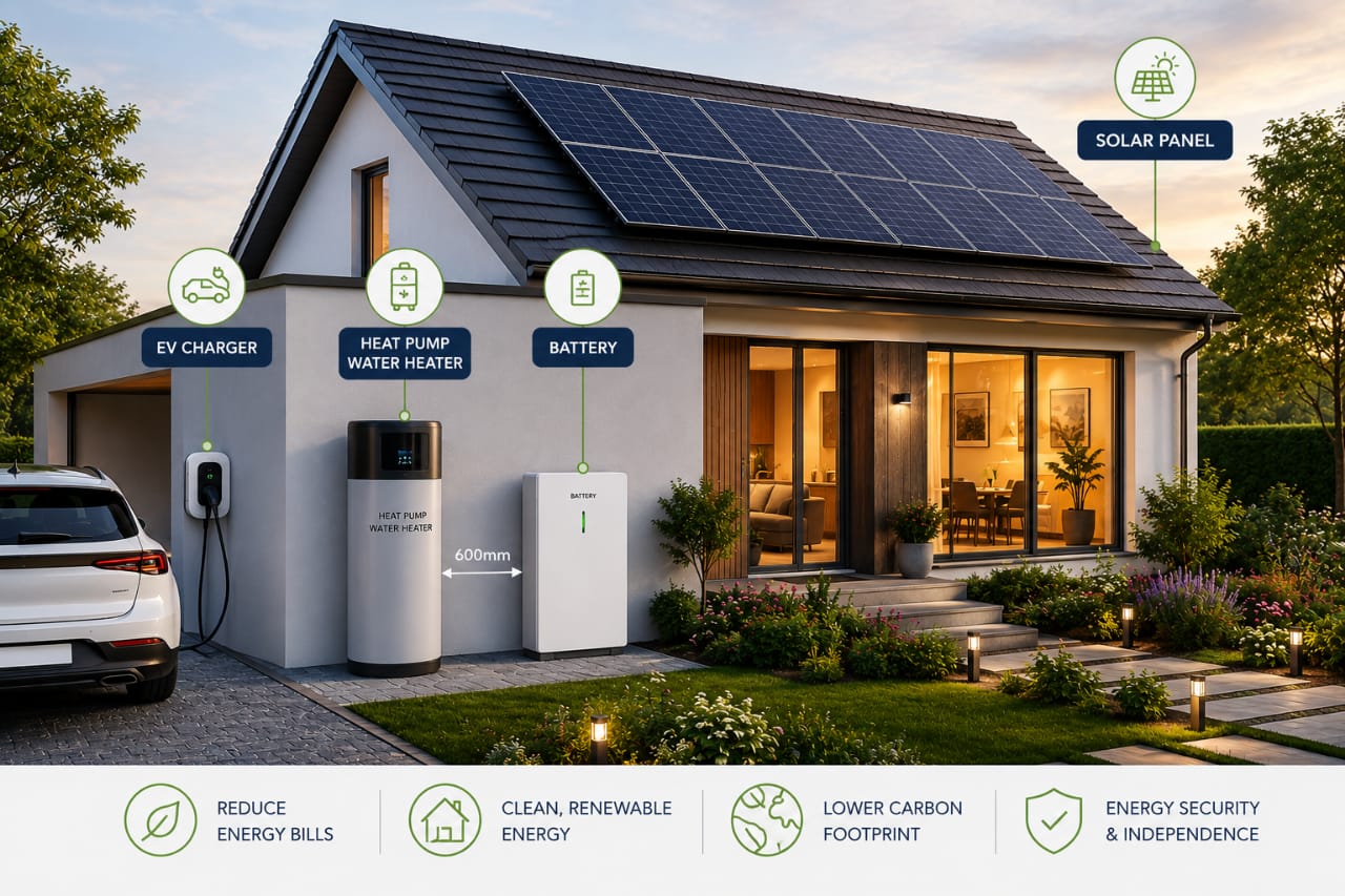 Home with solar panels, EV charger, heat pump water heater and battery storage